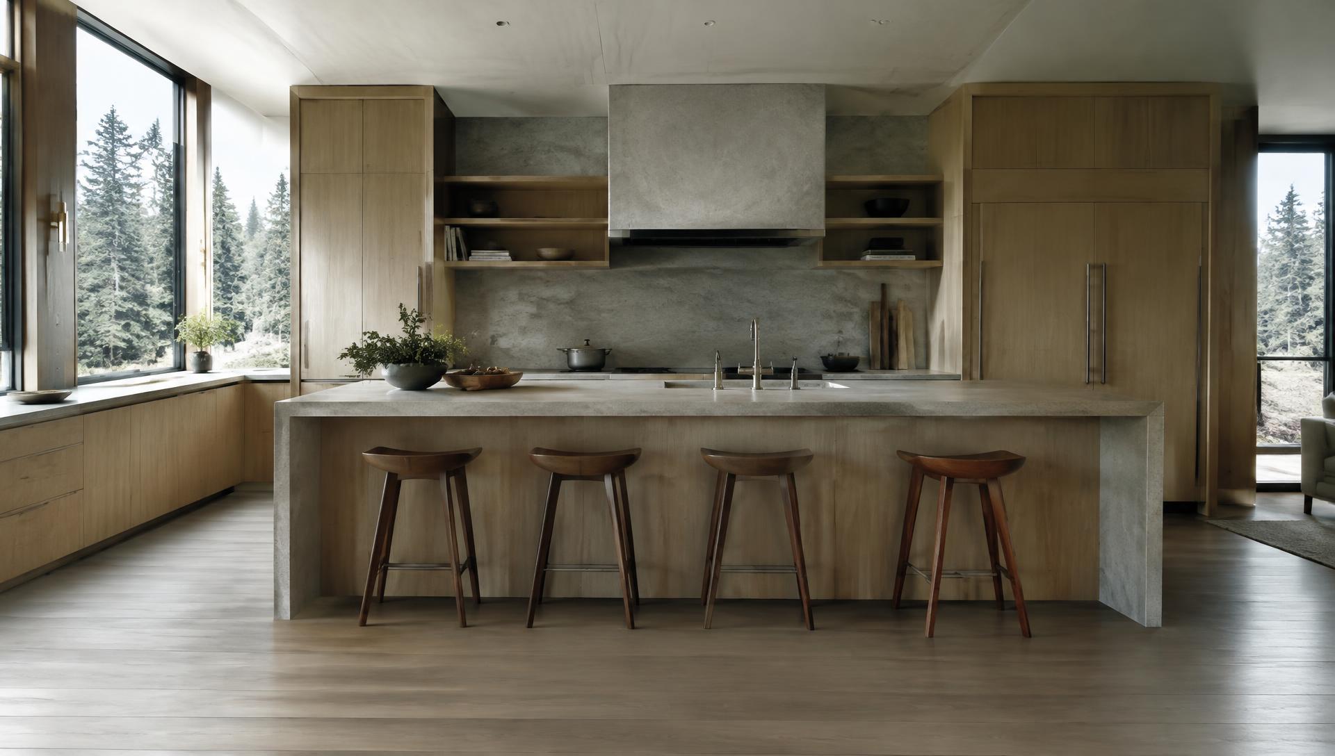 Contemporary oak and stone kitchen with forest views
