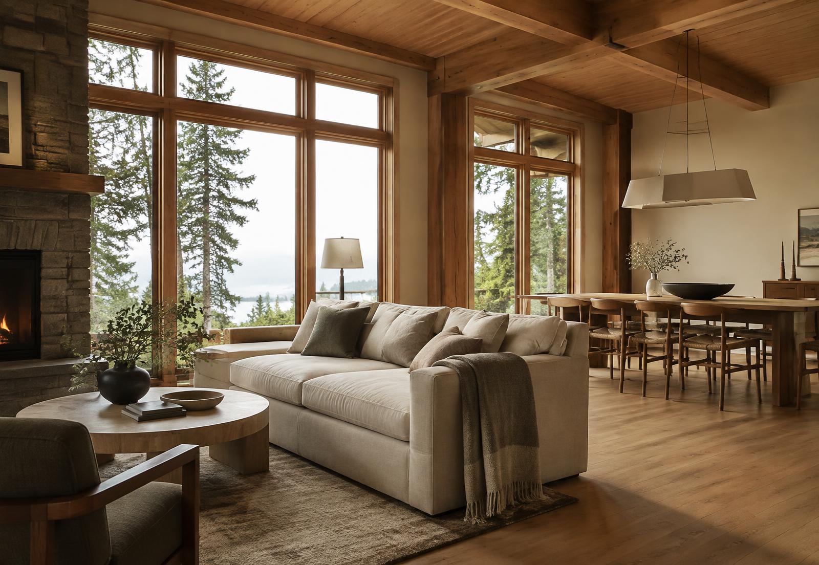 Open living space with timber beams